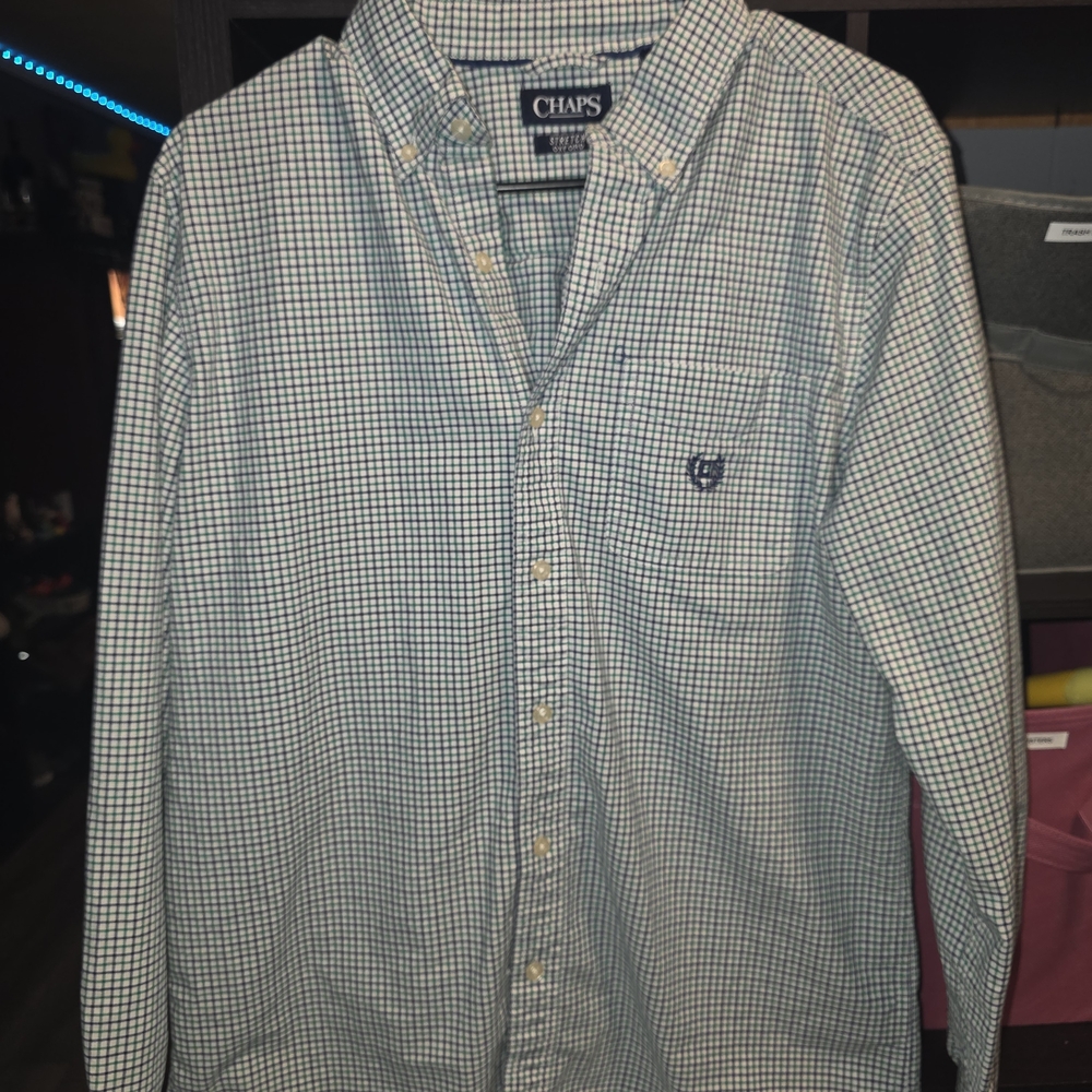 Chaps Men's Blue and White Checkered Button Down Shirt